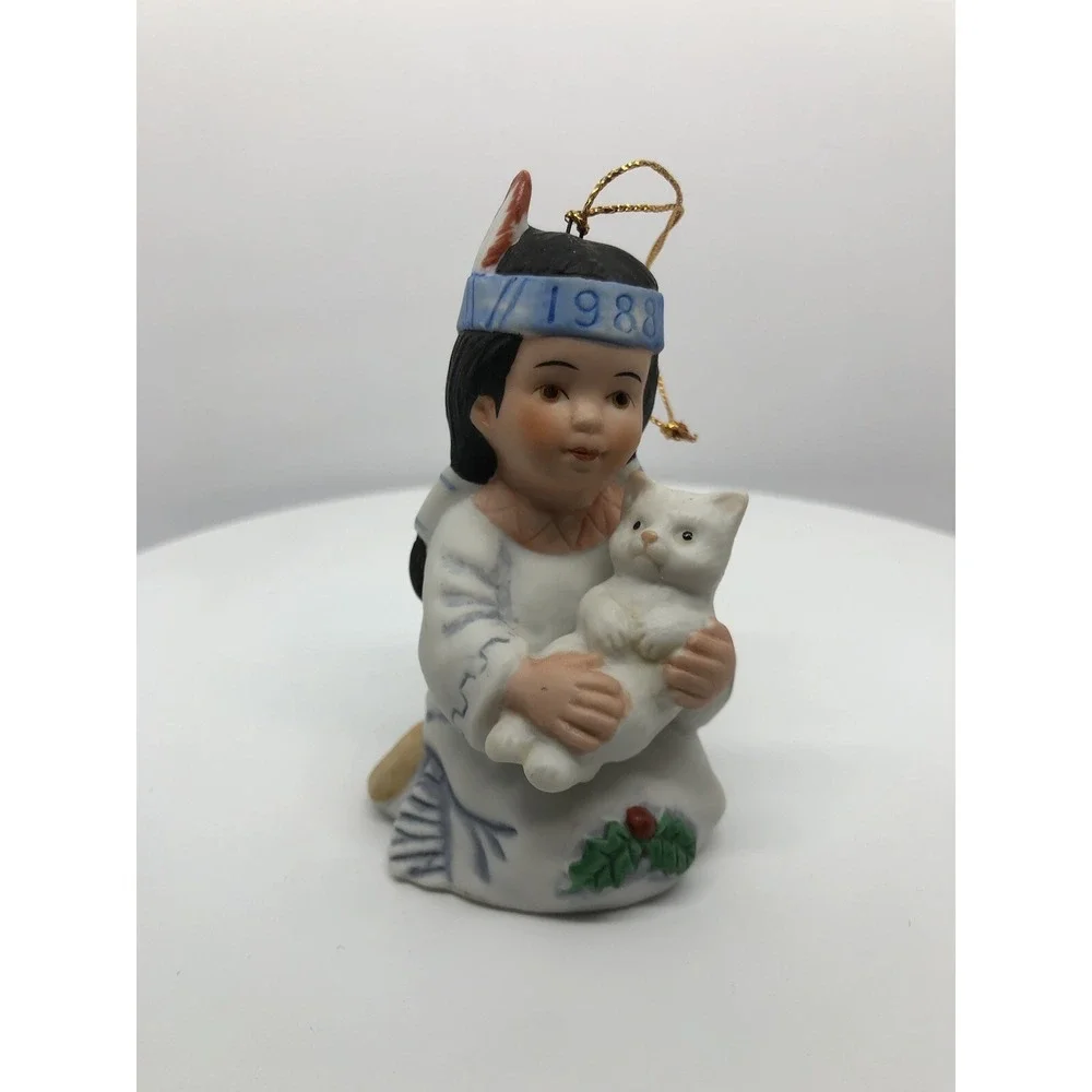 GREGORY PERILLO'S SAGEBRUSH KIDS 1988 BELL CHRISTMAS ORNAMENT BISQUE NATIVE &CAT